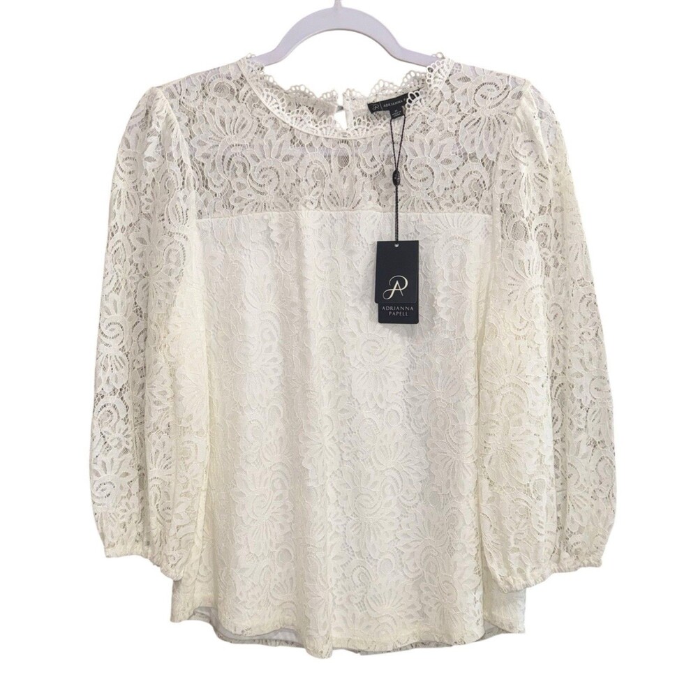 NWT Adrianna Papell Ivory Sheer Sleeve & Yoke Lace Top Blouse Size M NEW $89
